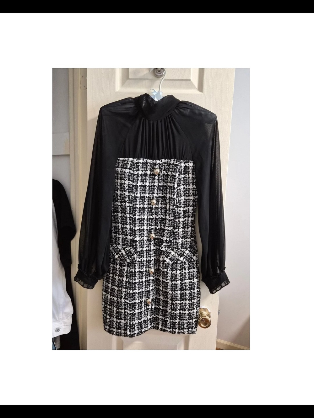 Zara Black and White Tweed-Panel Long Sleeve Dress